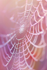 Close-up of a spider web covered in morning dew, highlighting the intricate patterns and delicate texture of the silk. 