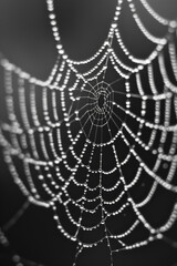 Close-up of a spider web covered in morning dew, highlighting the intricate patterns and delicate texture of the silk. 