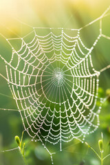 Close-up of a spider web covered in morning dew, highlighting the intricate patterns and delicate texture of the silk. 