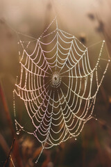 Close-up of a spider web covered in morning dew, highlighting the intricate patterns and delicate texture of the silk. 