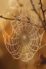 Close-up of a spider web covered in morning dew, highlighting the intricate patterns and delicate texture of the silk. 