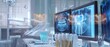 © Sweettymojidesign - Multiple holographic displays show dental structure crosssections in a dentists office, merging technology and healthcare, sharpening banner template with copy space on center
