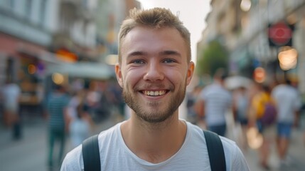 Self-Portrait of Smiling Brunette Man in Fitted T-Shirt, Vibrant City Street Background, Blurred Passersby, Natural Lighting Accentuating Details