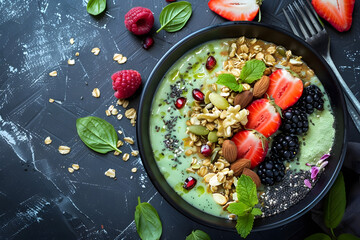 Wall Mural - a colorful smoothie bowl topped with fresh fruit, nuts, and seeds, ready for a nutritious breakfast or snack
