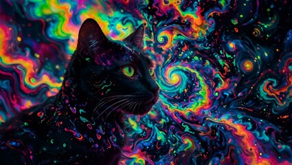 Wall Mural - AI generated illustration of a black cat against a psycodelic, dark, neon background