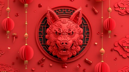 Wall Mural - 2018 Chinese New Year with Hanging Dog Emblem