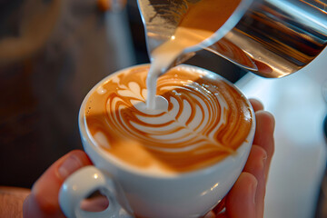 Wall Mural - a barista's hands pouring steamed milk into a cup of espresso, creating a perfect latte art design