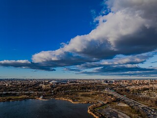 Aerial view of Meadow Lake and highways at Flushing Meadow Corona Park in Queens, New York