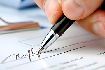 Wall Mural - a person's hand signing a document with a pen, representing business transactions and legal agreements 