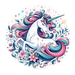 A unicorn with colorful mane and tail realistic lively illustration card design.