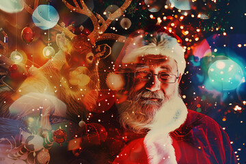 Santa Claus standing in front of glowing Christmas lights decorations collage