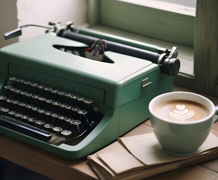 A vintage green typewriter with a cup of coffee on a wooden table