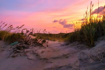Wall Mural - the sun sets behind a dune and beach grass as the waves roll in