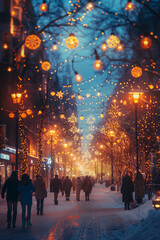 Group of individuals walking on a snow-covered street adorned with Christmas lights