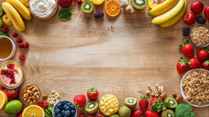 Wall Mural - Healthy Breakfast Border with Fresh Fruits, Granola and Yogurt