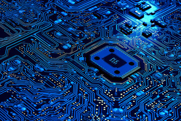 Wall Mural - A close up of a blue electronic circuit board with a small chip on it