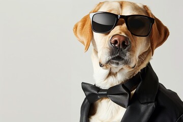 Wall Mural - Cute dog in modern tuxedo and sunglasses on grey background