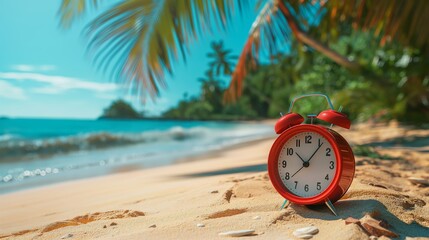 Close up red alarm clock on a tropical beach near the ocean and green palm trees. Rest time, vacation, travel. Summertime vacation concept. Time to relax.