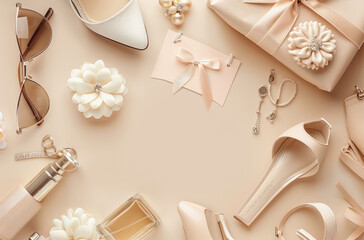 Wall Mural - A flat lay composition featuring various women's accessories, including high heels and handbag on the left side of an empty beige background with space for text in the center