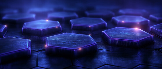 Abstract background of blue and red floor made of hexagon blocks, in a dark environment, banner