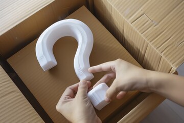 Sticker - Hands assembling a 3D-printed white question mark inside a cardboard box, symbolizing inquiry or problem-solving.