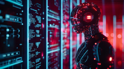 Robot with illuminated head and code background