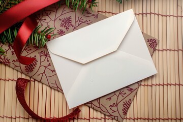 Wall Mural - Blank white envelope with red ribbon and festive decorations on a wooden mat, suitable for holiday or Christmas greetings.