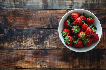 Flat lay of red strawberries in bowl on wooden table