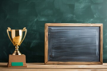 Wall Mural - Golden trophy and blank chalkboard on wooden shelf with dark green background, representing achievement and education concepts.