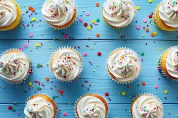 Flat lay of tasty cupcakes with butter cream and sprinkles on wooden table