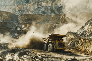 A large yellow dump truck is driving through a dusty, rocky area