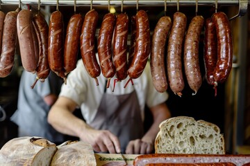 Sticker - A butcher is slicing bread with various types of sausages hanging in front. The scene captures the traditional preparation of meats and bread.