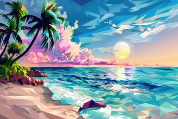 Wall Mural - Digital painting of a serene beach with palm trees. Suitable for travel and relaxation concepts