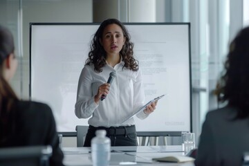 Poster - Woman giving a presentation to a group of people. Suitable for business or educational concepts