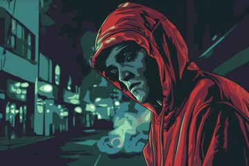Poster - A man in a red hoodie walking down a city street. Suitable for urban lifestyle themes