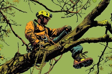 Poster - A man with a chainsaw cutting a tree. Suitable for forestry or lumber industry concepts