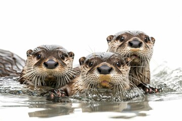 A playful family of otters swimming and interacting in their zoo exhibit, with a naturalistic and engaging setting, isolated on white background, copy space