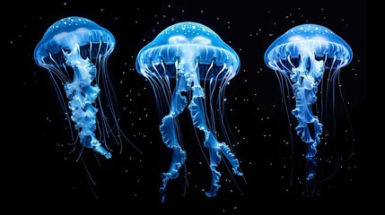 A stunning jellyfish display in a darkened aquarium tank, with glowing bioluminescence, isolated on white background, copy space