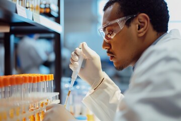 Sticker - Scientist in a laboratory wearing safety goggles and gloves while using a pipette to transfer liquid into test tubes. Research and experimentation setting.