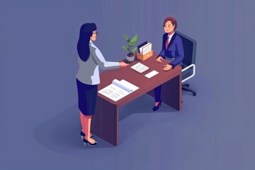 Sticker - A woman shaking hands with a man at a desk. Suitable for business and office concepts