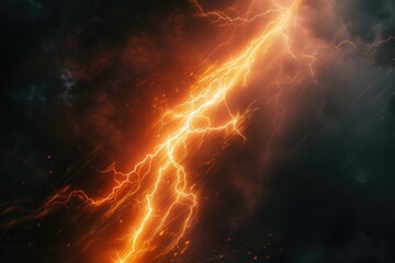 Poster - Powerful orange lightning striking through a dark, dramatic sky. Perfect for illustrating storms or dramatic weather events