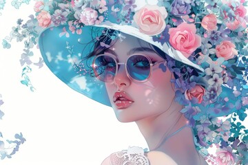 Sticker - A woman wearing a hat adorned with flowers, suitable for fashion or summer themes