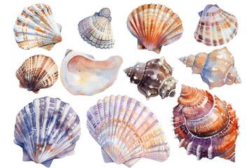 Poster - A collection of seashells on a plain white background. Suitable for beach-themed designs