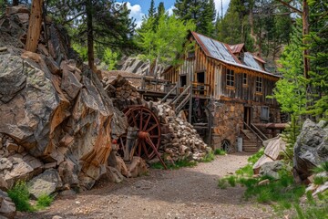 Poster - A rustic old wooden building with a charming water wheel in front of it. Perfect for showcasing vintage architecture and historic landmarks