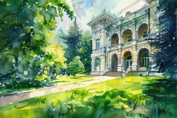 Poster - Beautiful watercolor painting of a house in a park. Perfect for interior decor or real estate designs