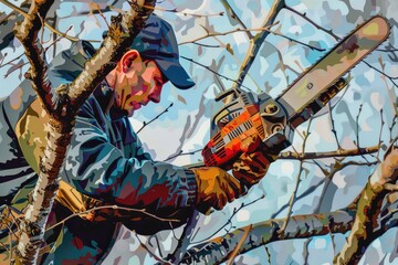 Poster - A man holding a chainsaw while standing in a tree. Suitable for forestry or danger concepts