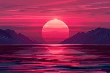 Poster - A beautiful sunset over a body of water with majestic mountains in the background. Perfect for travel and nature-themed projects
