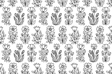 Poster - Line art hand drawn flowers seamless pattern. Floral pattern with decorative flower designs. Outline, contour spring flowers Botanical sketches, wildflower blossom, with hand drawn illustrations.