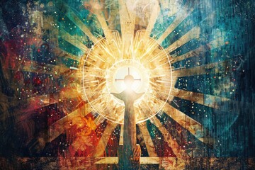 Poster - A striking silhouette of a cross with a radiant sunburst background. Ideal for religious concepts or spiritual themes