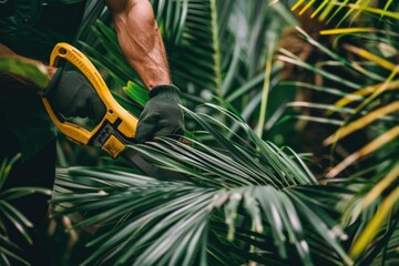 Poster - A man is using scissors to trim a palm tree. Ideal for gardening and landscaping concepts